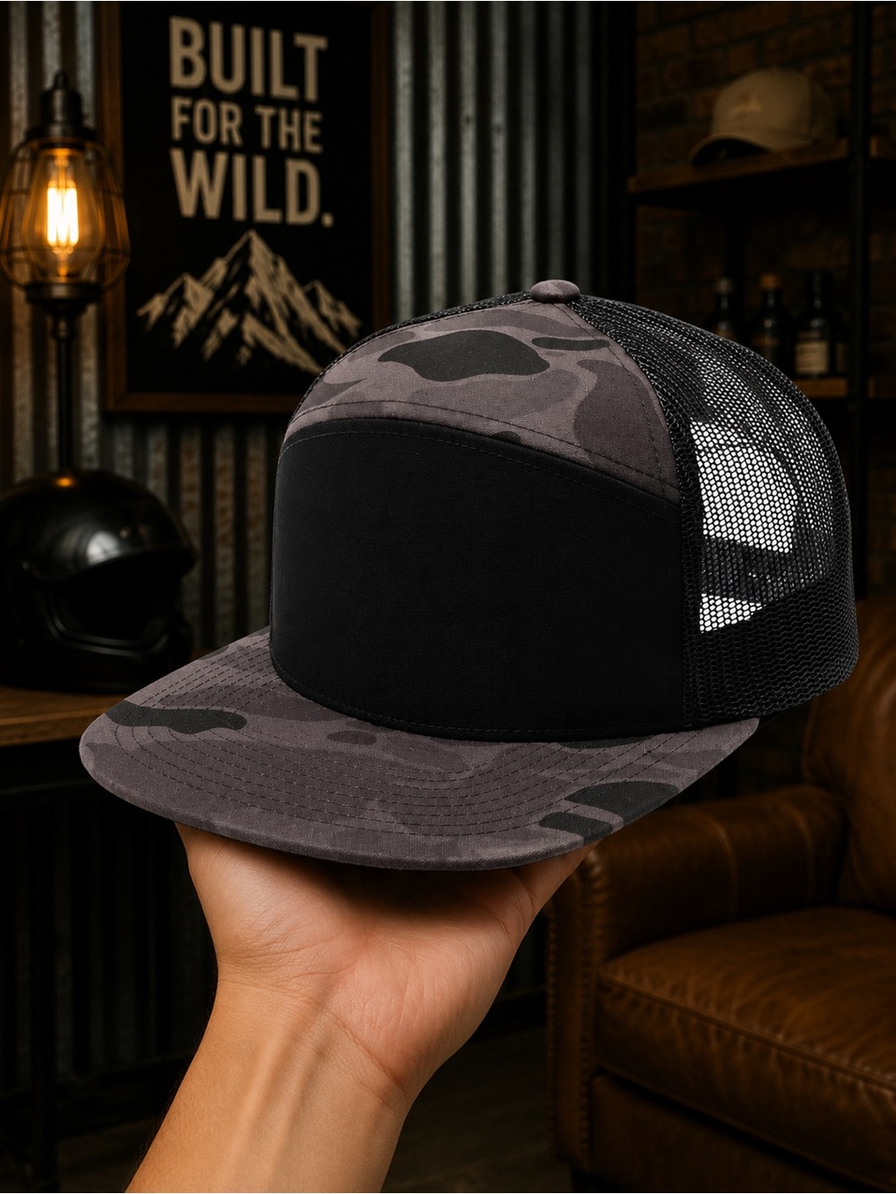 Black/Grey Camo Trucker Snapback Hat Blank Flat Bill Mesh Cap Adjustable